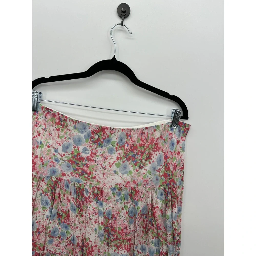 Chaps Denim Womens Large Pink Blue Floral Tiered Cotton Midi Skirt Boho Cottage